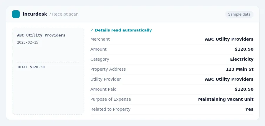 Incurdesk receipt scan of a ABC Utility Providers receipt for $120.50, read automatically and filed under Electricity