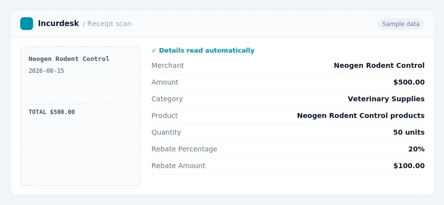 Incurdesk receipt scan of a Neogen Rodent Control receipt for $500.00, read automatically and filed under Veterinary Supplies