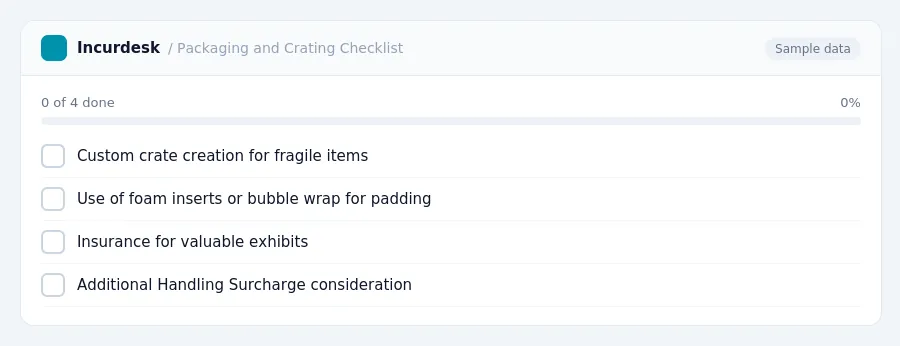 Incurdesk checklist "Packaging and Crating Checklist": 0 of 4 steps done, including Custom crate creation for fragile items, Use of foam inserts or bubble wrap for padding,...