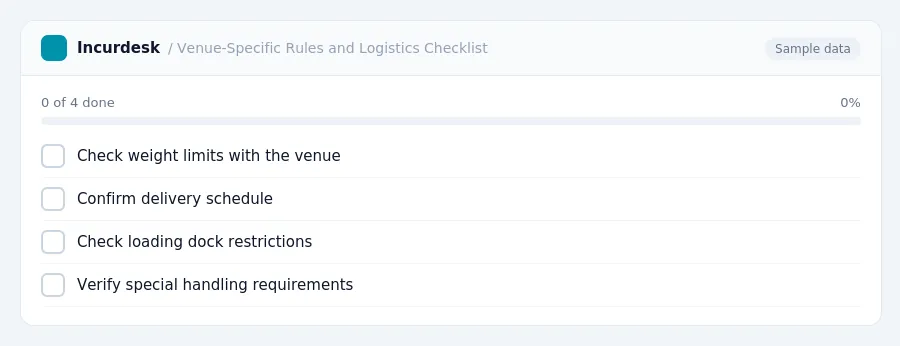 Incurdesk checklist "Venue-Specific Rules and Logistics Checklist": 0 of 4 steps done, including Check weight limits with the venue, Confirm delivery schedule, Check loading...