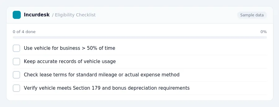 Incurdesk checklist "Eligibility Checklist": 0 of 4 steps done, including Use vehicle for business > 50% of time, Keep accurate records of vehicle usage, Check lease terms for...