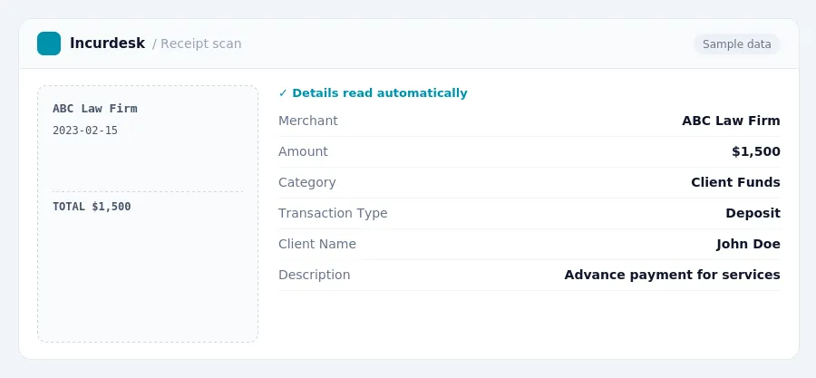 Incurdesk receipt scan of a ABC Law Firm receipt for $1,500, read automatically and filed under Client Funds