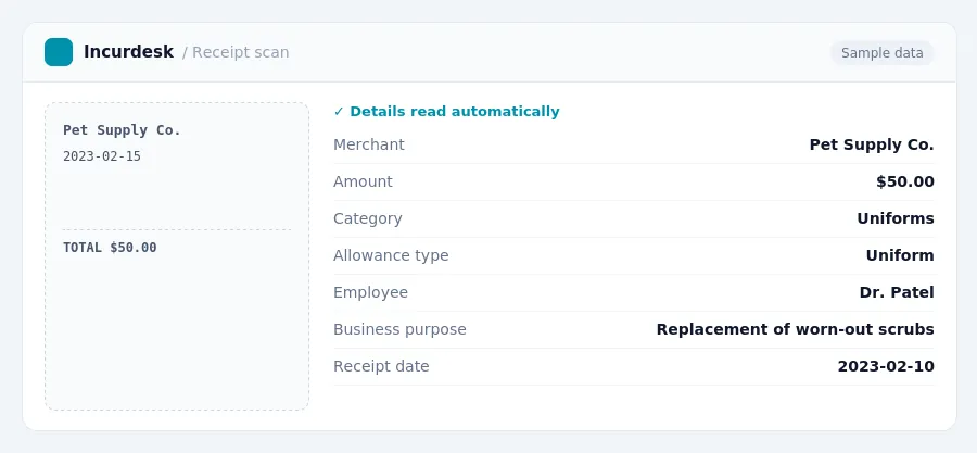 Incurdesk receipt scan of a Pet Supply Co. receipt for $50.00, read automatically and filed under Uniforms