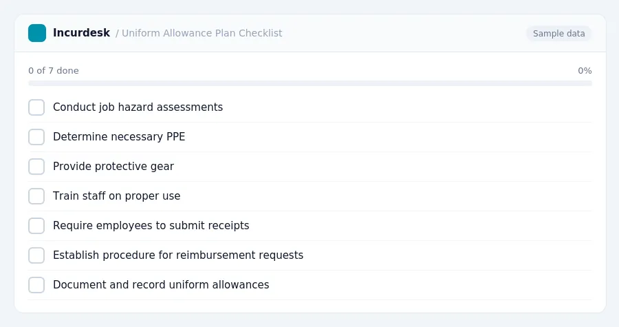 Incurdesk checklist "Uniform Allowance Plan Checklist": 0 of 7 steps done, including Conduct job hazard assessments, Determine necessary PPE, Provide protective gear