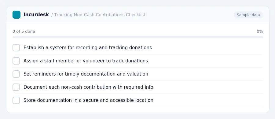 Incurdesk checklist "Tracking Non-Cash Contributions Checklist": 0 of 5 steps done, including Establish a system for recording and tracking donations, Assign a staff member or...