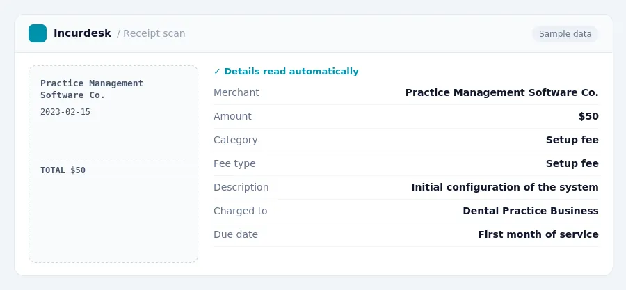 Incurdesk receipt scan of a Practice Management Software Co. receipt for $50, read automatically and filed under Setup fee