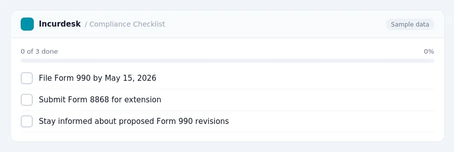 Incurdesk checklist "Compliance Checklist": 0 of 3 steps done, including File Form 990 by May 15, 2026, Submit Form 8868 for extension, Stay informed about proposed Form 990...
