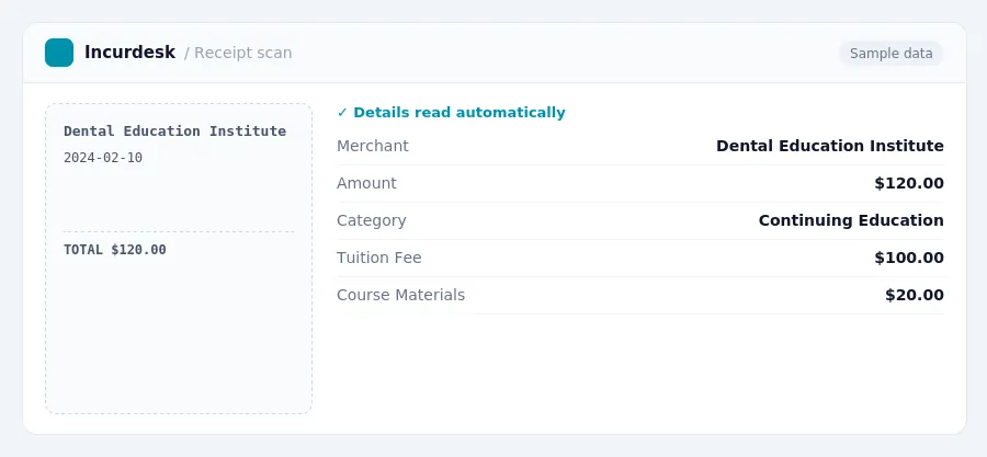 Incurdesk receipt scan of a Dental Education Institute receipt for $120.00, read automatically and filed under Continuing Education