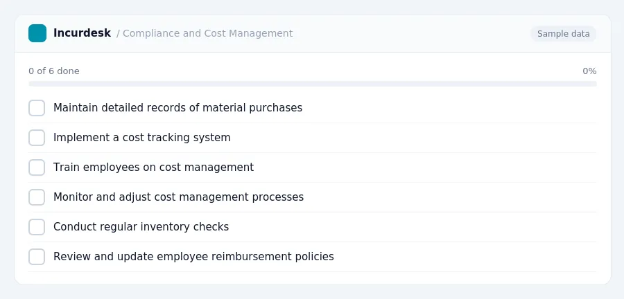 Incurdesk checklist "Compliance and Cost Management": 0 of 6 steps done, including Maintain detailed records of material purchases, Implement a cost tracking system, Train...