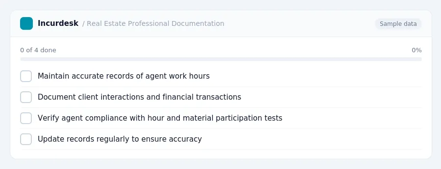 Incurdesk checklist "Real Estate Professional Documentation": 0 of 4 steps done, including Maintain accurate records of agent work hours, Document client interactions and...