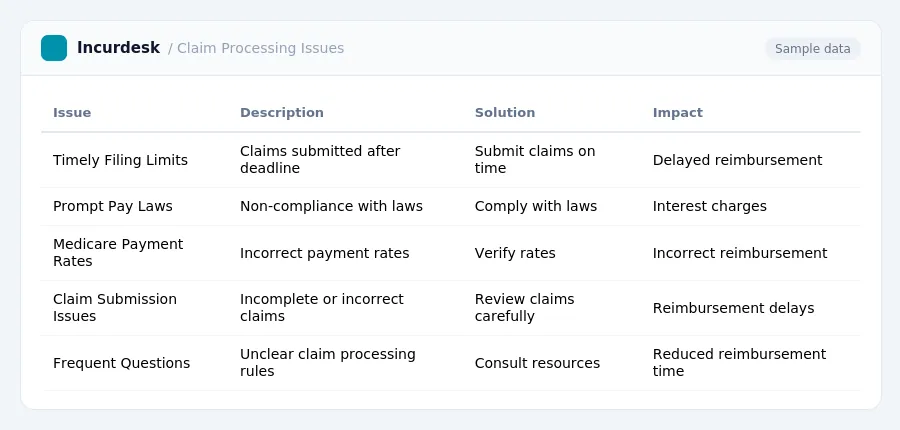 Incurdesk expense report "Claim Processing Issues" with columns Issue, Description, Solution, Impact, listing Timely Filing Limits, Prompt Pay Laws, Medicare Payment Rates