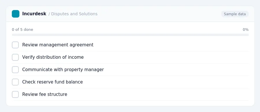 Incurdesk checklist "Disputes and Solutions": 0 of 5 steps done, including Review management agreement, Verify distribution of income, Communicate with property manager