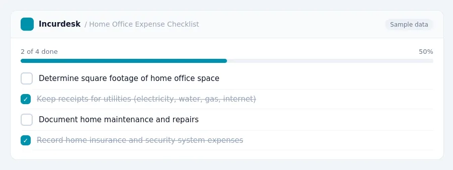Incurdesk checklist "Home Office Expense Checklist": 2 of 4 steps done, including Determine square footage of home office space, Keep receipts for utilities (electricity,...