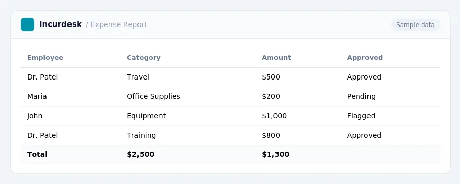 Incurdesk expense report "Expense Report" with columns Employee, Category, Amount, Approved, listing Dr. Patel, Maria, John