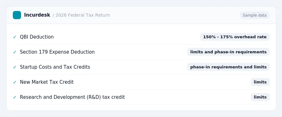 Incurdesk expense policy "2026 Federal Tax Return" with rules such as QBI Deduction (150% - 175% overhead rate); Section 179 Expense Deduction (limits and phase-in requirements)