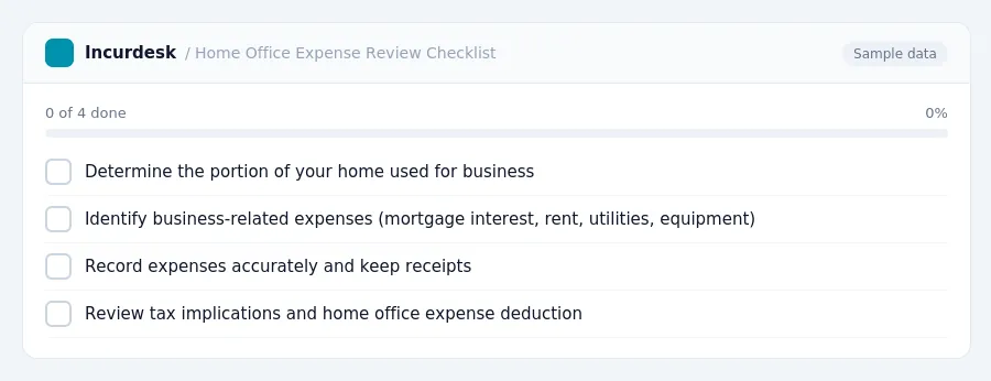 Incurdesk checklist "Home Office Expense Review Checklist": 0 of 4 steps done, including Determine the portion of your home used for business, Identify business-related...
