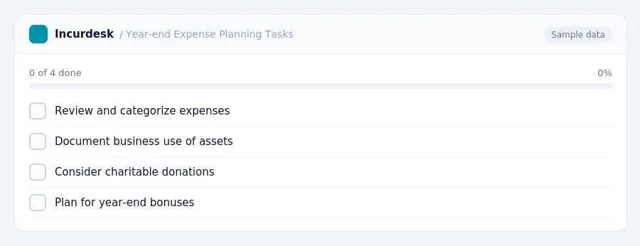 Incurdesk checklist "Year-end Expense Planning Tasks": 0 of 4 steps done, including Review and categorize expenses, Document business use of assets, Consider charitable donations