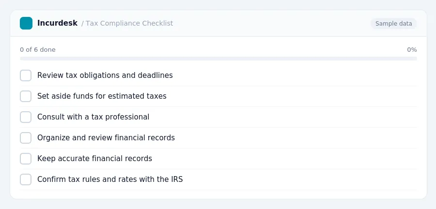 Incurdesk checklist "Tax Compliance Checklist": 0 of 6 steps done, including Review tax obligations and deadlines, Set aside funds for estimated taxes, Consult with a tax...